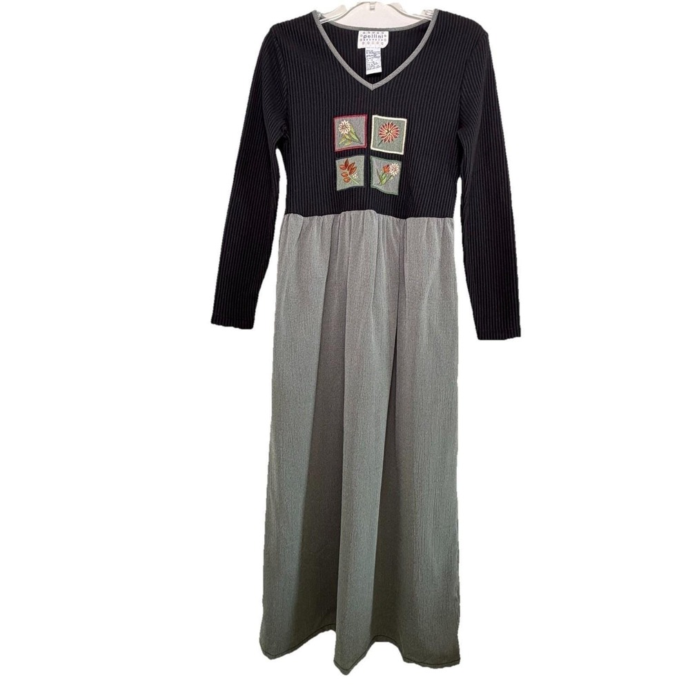 Pellini VTG Cottagecore Embroidered Waffle Knit Tie Back Maxi Dress Small Black
